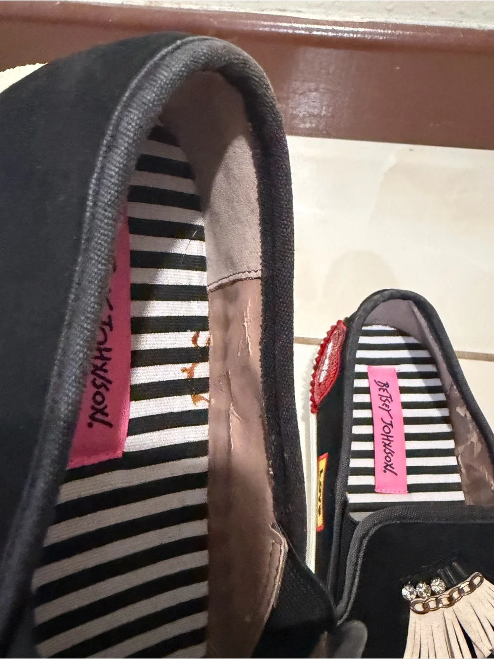 Betsey Johnson Black Slip-On Sneakers with Gold Bee Embroidery & Red Heart